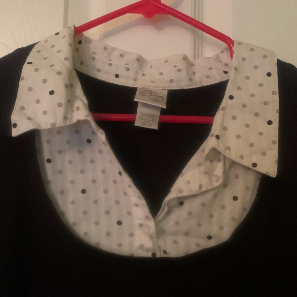 Black blouse with gray polka dot details